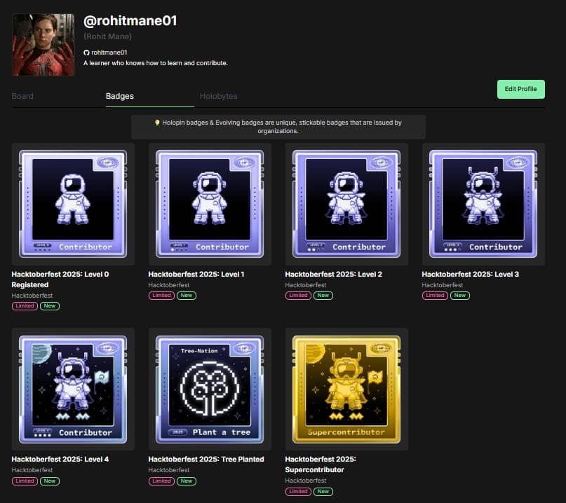 Rohit Mane's Hacktoberfest 2025 Holopin badge collection, including the gold Supercontributor badge.